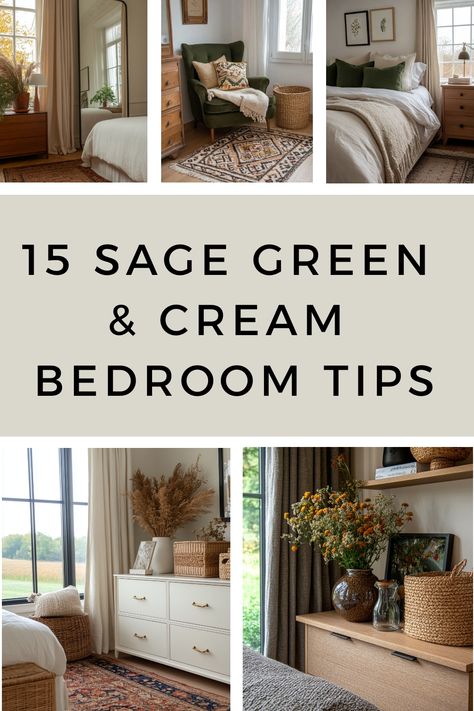 See decor ideas to create your very own sage green and cream bedroom haven. Tan And Sage Bedroom, Green Cream Bedroom, Sage Green And Cream Bedroom, Green And Cream Bedroom, Cream Bedroom Decor, Dark Wood Headboard, Coastal Guest Room, French Inspired Kitchen, Sage Bedroom