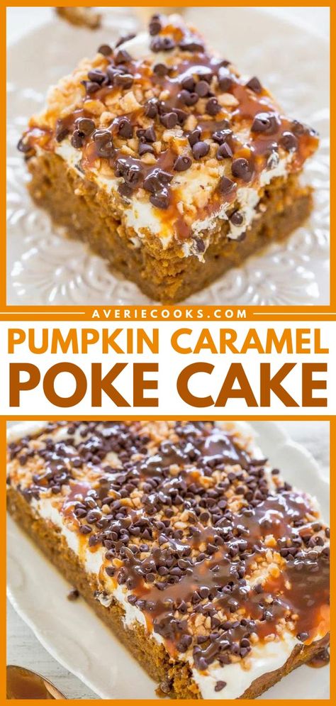 Pumpkin Poke Cake Recipe (with Caramel and Toffee!) - Averie Cooks Pumpkin Poke Cake Recipe, Best Pumpkin Cake, Caramel Poke Cake, Recipe With Caramel, Pumpkin Poke Cake, Spice Cake Mix And Pumpkin, Easy Pumpkin Dessert, Poke Cake Recipe, Toffee Cake