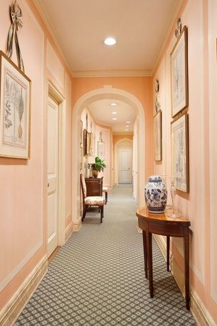 Traditional Hallway with specialty door, Crown molding, Carpet Peach Hallway, Yellow Living Room Colors, Peach Living Rooms, Door Crown, Hallway Colour Schemes, Traditional Hallway, Peach Rooms, Queenslander Renovation, Hallway Colours