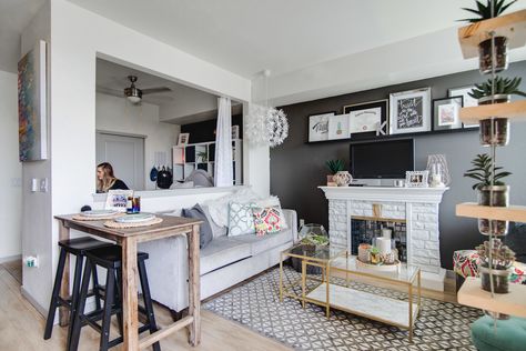 Small Space Decor Ideas from a Denver Studio Apartment | Apartment Therapy Peaceful Apartment, Mirrored Tile, Faux Fireplace Diy, Farmhouse Side Table, Garden Suite, Studio Apartment Layout, Cute Dorm Rooms, Garage Conversion, Garage Apartment