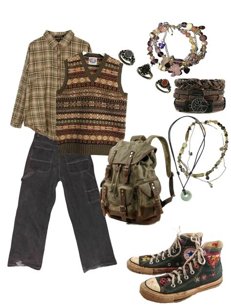 Male Outfit Ideas Grunge, Park Ranger Aesthetic Outfit, Goblincore Outfits Men, Goblin Core Outfit Male, Forest Core Outfits Men, Forest Punk Aesthetic Outfits, Goblincore Outfits Male, Apocalypse Outfit Male, Adventure Aesthetic Outfit