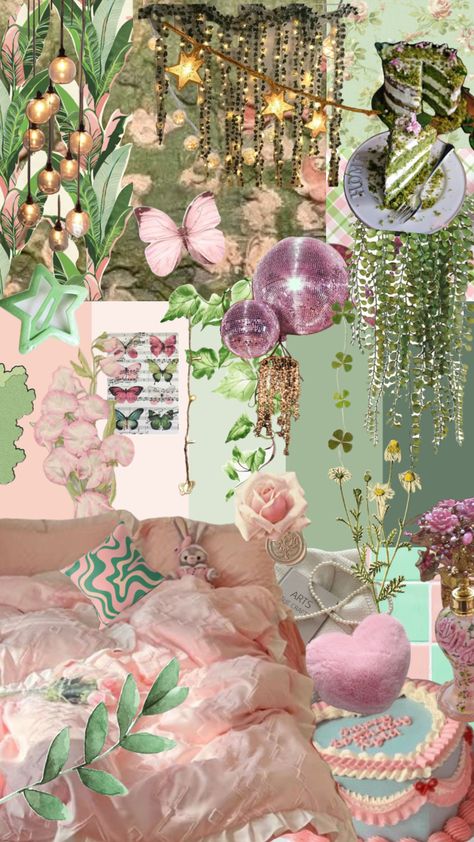 Aesthetic Bedroom Vintage, Pink And Green Room, Room Inspo Pink, Pink And Green Bedroom, Mood Board Bedroom, Sorority Room, Pink Dorm Rooms, Dorm Stuff, Pink Dorm