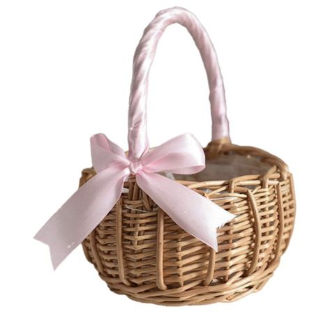 Basket With Ribbon, Pink Easter Basket, Cookie Baskets, Rattan Flower, Wedding Flower Girl Basket, Candy Basket, Easter Party Decor, Basket With Handles, Flower Girl Baskets