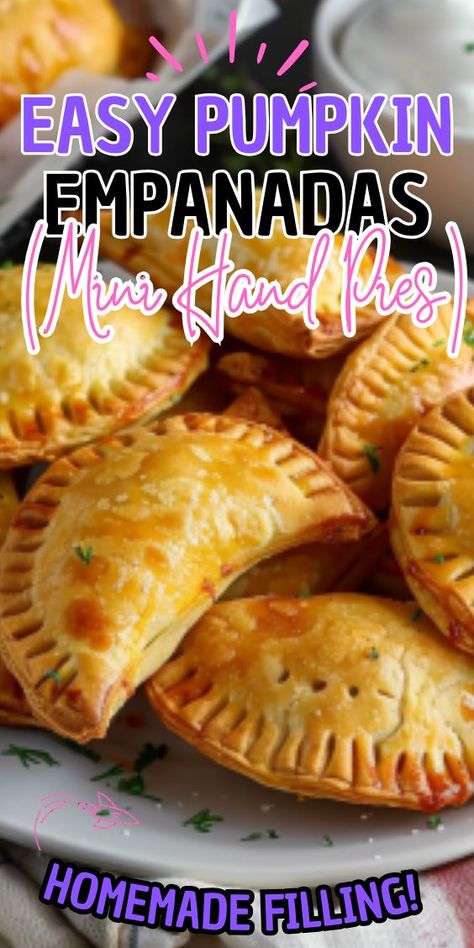 Easy Pumpkin Empanadas (Mini Hand Pies) wafting through your kitchen. These mini hand pies are the epitome of comfort food, featuring a buttery, flaky crust enveloping a sweet and spiced pumpkin filling. Perfect for snacking, dessert, or even as a delightful addition to your Thanksgiving Easy Pumpkin Empanadas, Mini Hand Pies, Sweet Empanadas Recipe, Pumpkin Hand Pies, Pumpkin Empanadas, Pumpkin Filling, Hand Pie Recipes, Mini Pumpkin Pies, Hand Pie