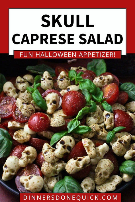 Looking for a spooky yet delicious Halloween appetizer? Try this Skull Caprese Salad! This festive dish features mozzarella shaped like skulls, paired with fresh basil, juicy tomatoes, and a drizzle of balsamic glaze. Perfect for Halloween parties, this recipe is a fun twist on the classic Caprese salad that will wow your guests. Quick and easy to make, it’s a must-try for your next spooky gathering! #HalloweenAppetizer #HalloweenRecipe #CapreseSalad Halloween Skull Potatoes, Halloween Party Appiterzers, Halloween Wine Night Snacks, Spooky Italian Food, Classic Halloween Party Ideas, Halloween Party Appetizer Ideas, Skull Caprese Skewers, Halloween Artichoke Dip, Halloween Relish Tray