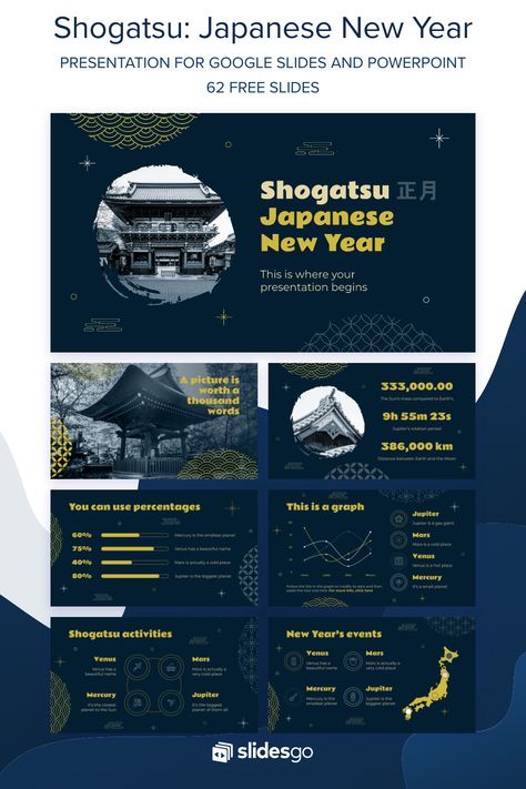 Shogatsu: Japanese New Year Mousepad Design, Japanese New Year, Sculpture Exhibition, Powerpoint Design Templates, Power Point Template, Japan Culture, Elegant Pattern, Dark Blue Background, Google Slides Themes