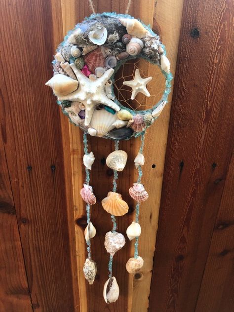 #seashells #dreamcatcher #glass #diy #gift #hobbylobby #dollartree Shell Dream Catcher Diy, Seashell Dreamcatcher, Shell Dream Catcher, Beach Business, Money Making Projects, Witchy Crafts, Diy Money, Dream Catcher Diy, Glass Diy