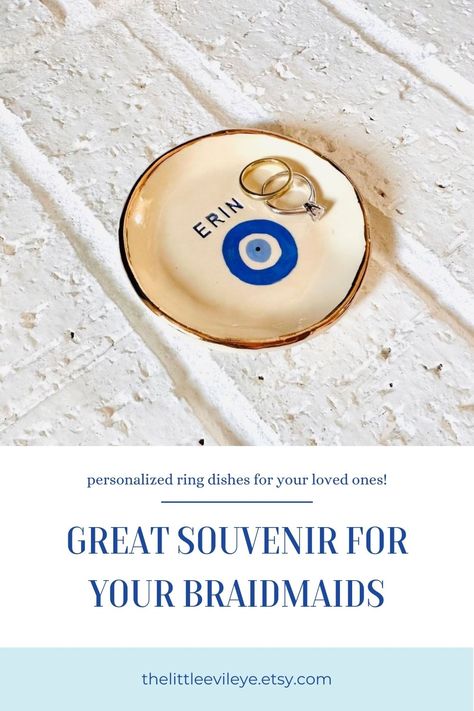 It is a personalized ceramic ring dish followed by an evil eye symbol. This ring dish is a great idea as a wedding favor. Each jewelry dish can be personalized with your guest names. They will be totally unique for each guest. Your wedding guests will keep this little favor for ever! Also, fit is a great gift your bachelorette party. Each evil eye trinket dish can be personalized with your best friends name. It is a great souvenir for your braidmaids. Evil Eye Trinket Dish, Ceramic Evil Eye, Friends Name, Evil Eye Symbol, Personalized Ring Dish, Ceramic Ring Dish, Eye Symbol, Ceramic Ring, Ceramic Rings