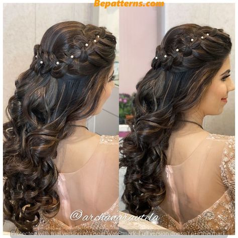 GlamourLocks Galore: Stunning Party Hair Designs Reception Curls Hairstyle, Party Hair Inspiration, Hair Designs For Girls, Engagement Hair, Chanderi Dress, Reception Hairstyles, Mauve Makeup, Hairstyles For Gowns, Hair Style On Saree