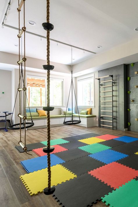 Kids Game Room WithClimbing Ropes Kids Gaming Room, Creative Playroom Ideas, Kids Game Room, Indoor Playroom, Basement Playroom, Kids Basement, Kids Gym, Playroom Design, Sensory Room