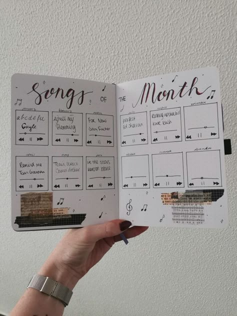 Songs of the month tracker bullet journal Song Tracker Bullet Journal, Music Tracker Bullet Journal, Song Of The Month Bullet Journal, Monthly Playlist Bullet Journal, Jan Bullet Journal, Song Journal Ideas, Senior Year Journal, Month Tracker, Songwriting Journal