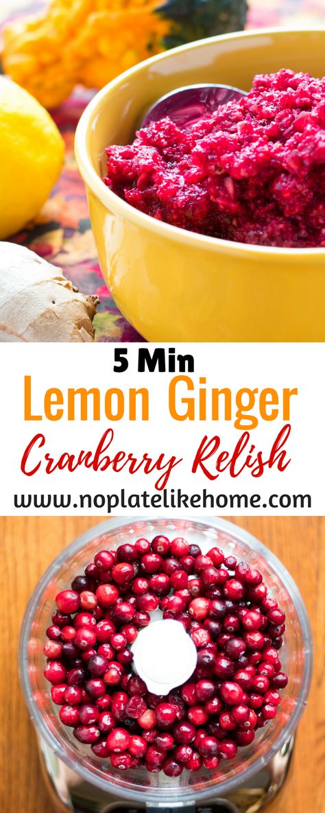 Lemon Ginger Cranberry relish is tart but, not too sweet and tastes great with Thanksgiving turkey. It is made with fresh cranberries, pineapple juice, grated ginger, lemon zest, cloves and sugar. It only takes minutes to make with a food processor and freezes well. Why buy canned cranberry sauce? Pin for later. Cranberry Relish Recipes Thanksgiving, Stuffing Cornbread, Canned Cranberries, Canned Cranberry Sauce, Cornbread Stuffing, Cranberry Relish, Cranberry Sauce Recipe, Relish Recipes, Thanksgiving Meal