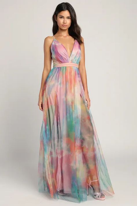 Black Tie Wedding Guest Dress, Black Tie Wedding Guests, Backless Maxi Dress, Elegant Moments, Unique Prom Dresses, Formal Dresses Gowns, Tie Dye Maxi Dresses, Tie Dye Maxi, Rainbow Dress