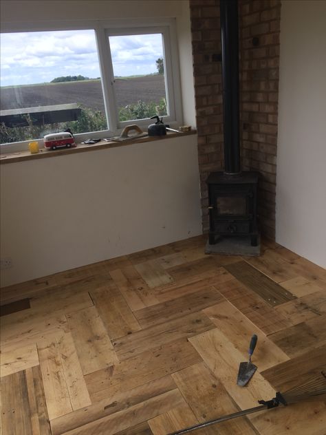 Parquet wooden herringbone floor made from scaffold boards. Squared, sanded and danish oiled. Laid loose on kiln dried sand while they season. Scaffold Board Flooring, Kitchen Diner Family Room, House Hallway, Irish Houses, Scaffold Boards, Cottage Renovation, Studio Inspiration, Extension Ideas, Herringbone Floor