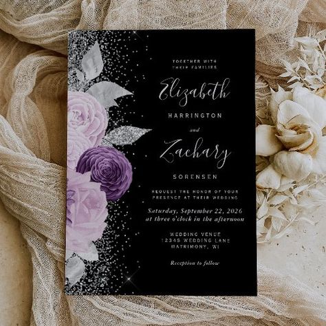 $2.77 | Floral Purple Silver Glitter Black Wedding | Wedding Invitations | silver faux glitter, elegant glam sparkle, vintage flowers and foliage, floral bouquet, chic modern, whimsical handwriting script, lavender roses peonies, fall winter wedding, purple plum violet black Lavender And Black Wedding, Winter Wedding Purple, Whimsical Handwriting, Black Wedding Invitation, Fall Winter Wedding, Handwriting Script, Silver Wedding Invitations, Wedding Purple, Afternoon Wedding