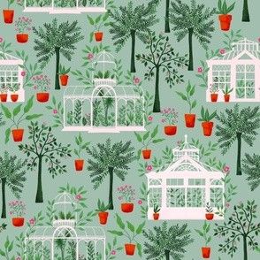 Wallpaper Greenhouse, Green House Illustration, S2359 Greenhouse Fabric, Victorian Greenhouse Illustration, Victorian Greenhouses, Greenhouse Fabrics, Fabric Patterns, Mural, Holiday Decor