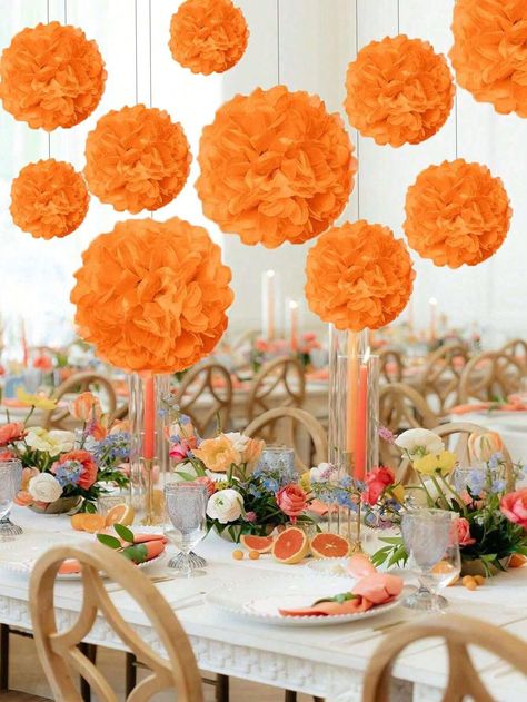 9pcs Paper Pom Poms, Tissue Flowers Ball Hanging Decoration, For Autumn Thanksgiving, Harvest Seasons, Halloween, Wedding, Birthday Party, Bridal Shower Multicolor    Paper     Event & Party Supplies, size features are:Bust: ,Length: ,Sleeve Length: Orange And White Decorations Party, Orange And Green Graduation Party, Orange Theme Decor, Thanksgiving Birthday Party Decorations, Orange Birthday Party Theme, Orange And White Graduation Party, Fall Party Decorations Indoor, Orange Event Decor, Orange Wedding Decor