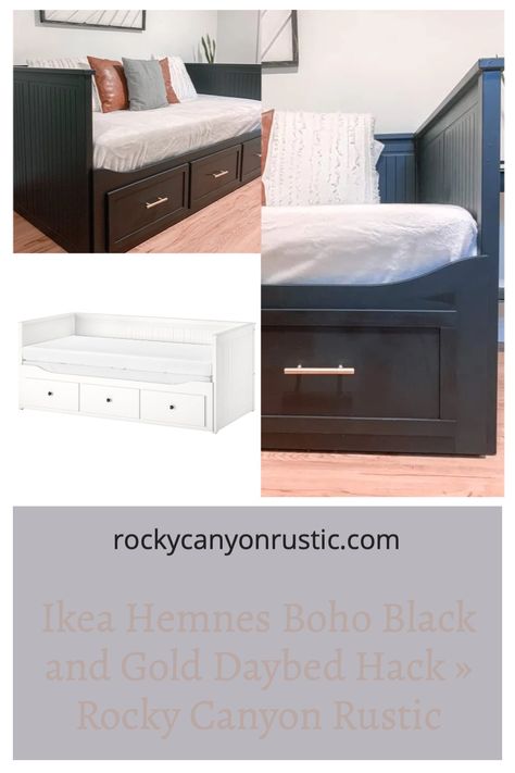 Ikea daybed hack with paint, drawer trim, and new hardware! Ikea Queen Daybed Hack, Grey Ikea Day Bed, Hemnes Daybed Upcycle, Grey Hemnes Daybed, Ikea Daybed Hack Hemnes, Daybed Ikea Hack, Hemmed Daybed Hack, Ikea Brimnes Daybed Hack, Brimnes Daybed Hack