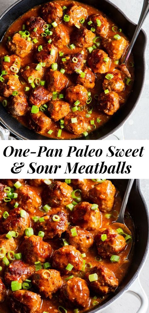 One-Skillet Sweet and Sour Meatballs {Paleo} Whole30 Meatballs, Paleo Noodles, Cauliflower Rice Paleo, Meatballs Paleo, Paleo Running Momma, Sweet And Sour Meatballs, One Skillet Meals, Paleo Beef, Veggie Noodles