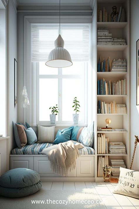 Good lighting is essential for a reading nook. You want to avoid straining your eyes while reading, so choose lighting that’s bright enough but not too harsh Bedroom Corner Nook Ideas, Reading Section In Room, Tiny House Reading Nook, Bedroom Book Corner, 2023 Playroom, Cozy Reading Nook Small Spaces, Reading Nook In Living Room, Bedroom With Books, Girls Reading Nook