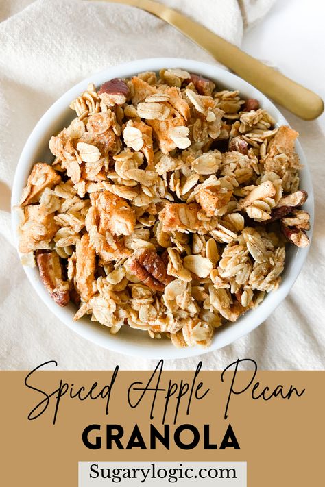 A bowl of Spiced Apple Pecan Granola. Apple Granola Recipe, Gourmet Granola, Apple Granola, Micro Bakery, Pecan Granola, Oatmeal Granola, Homemade Granola Healthy, Cinnamon Granola, Healthy Granola Bars