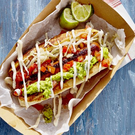 Julia Levy’s El Completo Chilean Loaded Hot Dogs Best Avocado Recipes, Hot Dogs Recipes, On A Bun, Chilean Recipes, Casual Restaurants, Street Vendors, Summer Grilling Recipes, Mashed Avocado, Hot Dog Recipes