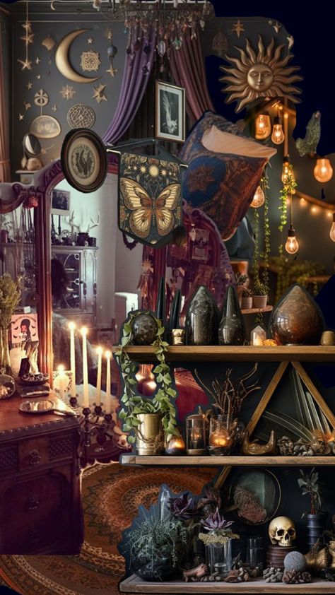 Kelsey+ Core + Aesthetic, Witch Core Room, Wizard Tower Interior, Witchcore Room, Whimsigoth Bathroom, Kelsey Core, Mystical House, Whimsigothic Decor, Witches Decor