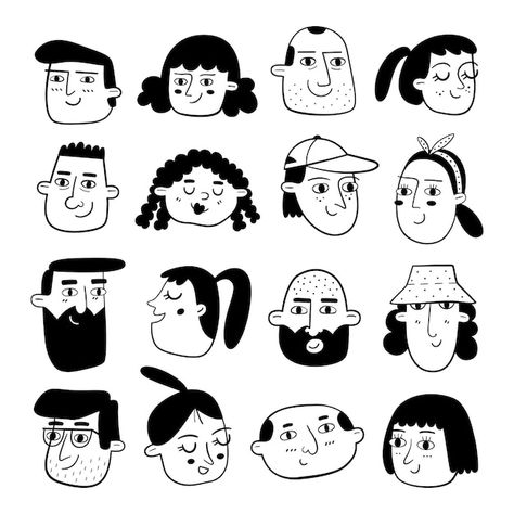 Black And White Face Illustration, Black And White Faces Drawings, Doodle Of People, Derp Face Drawing, Different People Illustration, Doodle Characters People, Black And White Face Drawing, Black And White Character Design, Boss Illustration