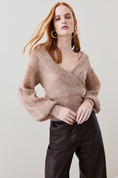 Style: Sweaterfabric: Wool Blendlength: Regularneckline: Bardotsleeve Length: Long Sleeve Jumper Outfits, Wrap Jumper, Wrap Front Sweater, Ladies Clothes Fashion, Ladies Clothes, Mohair Wool, Karen Millen, Knitted Jumper, Sleeve Detail