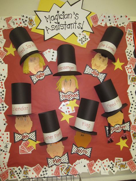 for our "Maple Road Means Magic" theme year - "Magician's Assistants" - each kid made their face on the first day of school and we rotated their faces into the hats each week :) Magic Classroom Aesthetic, Magic Themed Bulletin Boards, Magic Theme Classroom Ideas, Magic Bulletin Board Ideas, Reading Is Magical Theme, Magic Theme Classroom, Decorating Classroom Doors, Magic Classroom, Circus Classroom