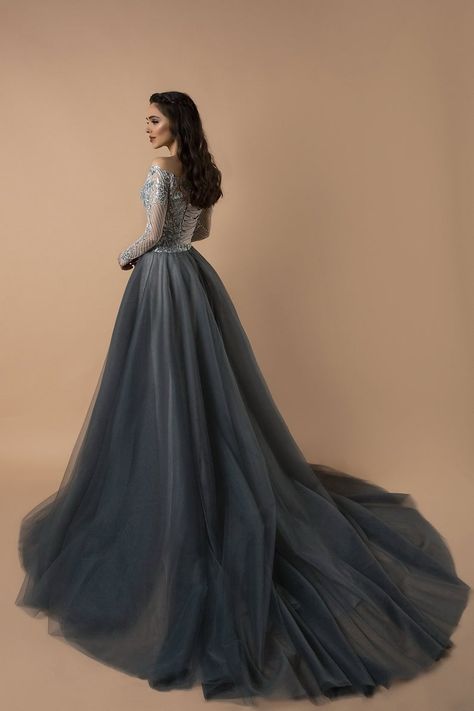 Victorian Style Wedding Dress, Elegant Style Dress, Nontraditional Wedding Dress, Grey Wedding Dress, Princess Gown, Blue Evening Dresses, Blue Tulle, Embellished Gown, Wedding Dresses Plus Size