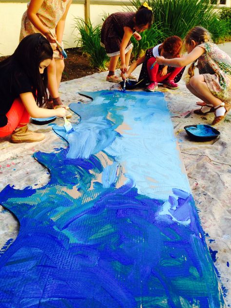 Preschool ocean mural Ocean Provocations Preschool, National Sea Week Activities, Ocean Reggio Emilia, Under The Sea Process Art Preschool, Under The Sea Process Art, Reggio Emilia Ocean Activities, Ocean Mural Preschool, Beach Dramatic Play Preschool, Ocean Dramatic Play Preschool