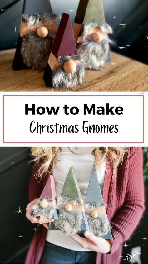 Create your own unique holiday decorations this season with these quick and easy DIY Christmas Gnomes! Learn how to make your own in just a few simple steps - perfect for customizing your home for the holidays! Gnomes Made With 2x4, Wooden Christmas Gnomes Diy, Wood Block Gnomes Diy, Diy Christmas Nomes, Diy Wooden Gnomes, Wooden Gnomes Diy How To Make, Wood Gnomes Diy, Diy Christmas Gnomes, Christmas Gnomes Diy