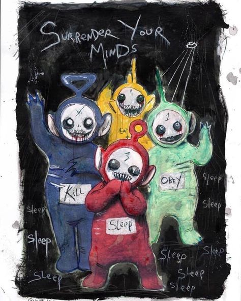 Teletubbies Painting, Teletubbies Creepy, Evil Teletubbies, Teletubbies Terror, Creepy Teletubbies, Teletubbies Scary, Teletubbies Drawing, Teletubbies Tattoo, Horror Things