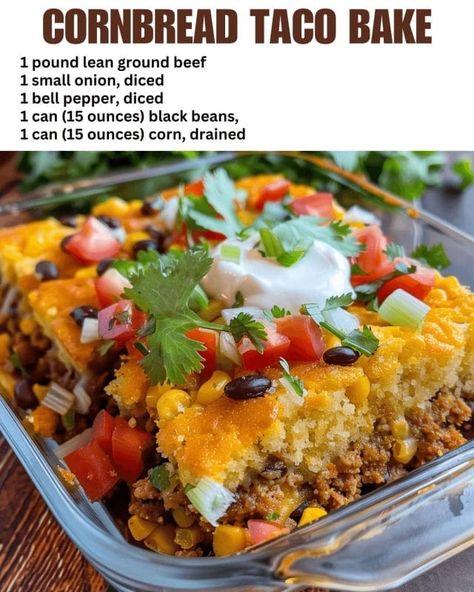 Cornbread Taco Bake Cornbread Taco Bake, Taco Cornbread Casserole, Cornbread Taco, Taco Casserole Bake, Baked Tacos Recipe, Delicious Cornbread, Mexican Cornbread, Cornbread Casserole, Taco Bake