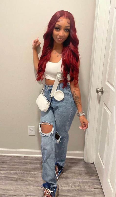 Burgundy Wig Outfit, Red Hair Birthday Outfit, Burgundy Hair Outfit Ideas, White Outfit Ideas Black Women, Burgundy Outfit Black Woman, Red Hair Outfits Black Women, Outfits With Burgundy Hair, Red Hair Aesthetic Outfit, Burgundy Hair Outfits