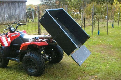 Rich Ferfecki didn’t like pulling a small wagon behind his ATV when doing chores around his place. So he unbolted the box from the trailer and mounted it on back of the ATV, converting it to a handy d... Atv Diy Accessories, Atv Racks Diy, Atv Trailer Ideas, Atv Camping, Atv Dump Trailer, Atv Utility Trailer, Atv Racks, Hitch Attachments, Atv Implements