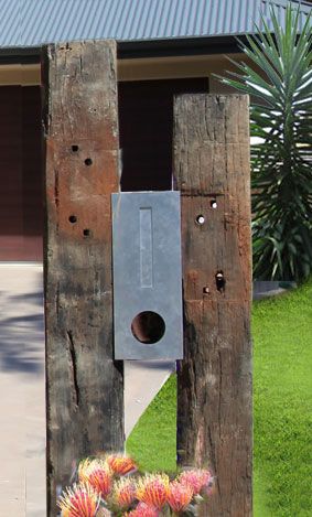 Our letterbox we built for our new home; Old reclaimed railway Sleepers, s/s A4 letterbox with a peep window. Creative design from owner Funky Mailboxes, Rustic Letterbox, Railway Sleepers Garden, Letterbox Ideas, Diy Wooden Letters, Reclaimed Railway Sleepers, Mailbox Designs, Letter Box Design, Sleepers In Garden