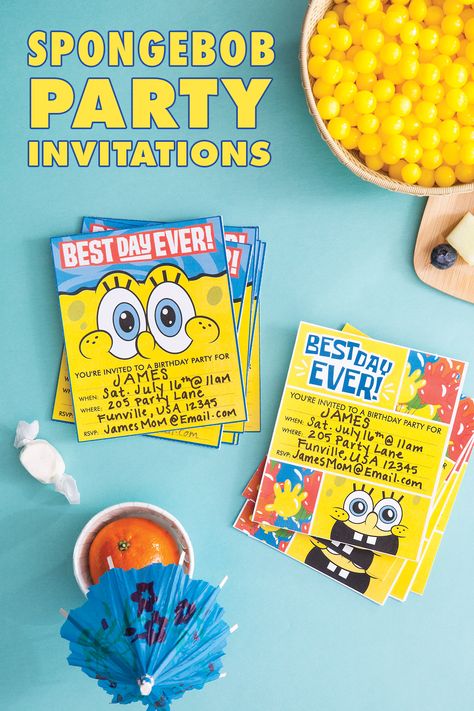 These printable birthday invites will get guests pumped for your SpongeBob party!  We know your kid’s birthday is going to be the BEST DAY EVER! Set it on the right track from the start by mailing out these awesome printable party invitations featuring the sponge himself. Guests will pack into your party like a bunch of anchovies! Best Day Ever Spongebob, Spongebob Invitations, Spongebob Wedding, Spongebob Diy, Jordans High, Spongebob Squarepants Party, Diy Kids Birthday Party, Sponge Bob Party, Spongebob Theme