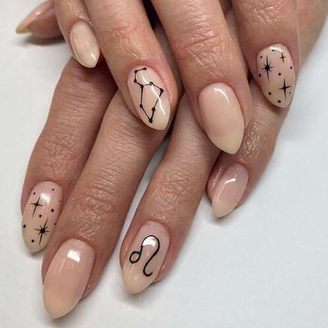 Star Sign Nail Art, Leo Constellation Nails, Leo Sign Nails, Star Sign Nails, Leo Zodiac Nail Designs, Leo Nails Zodiac, Virgo Nail Art, Taurus Nails Designs, Zodiac Sign Nails