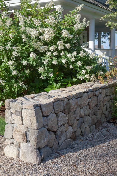 Rock Wall Landscaping, Rock Wall Fencing, Rock Stone Wall, Rock Fence, Maine Garden, White Exterior Houses, Stone Fence, Garden Pond Design, Stone Landscaping