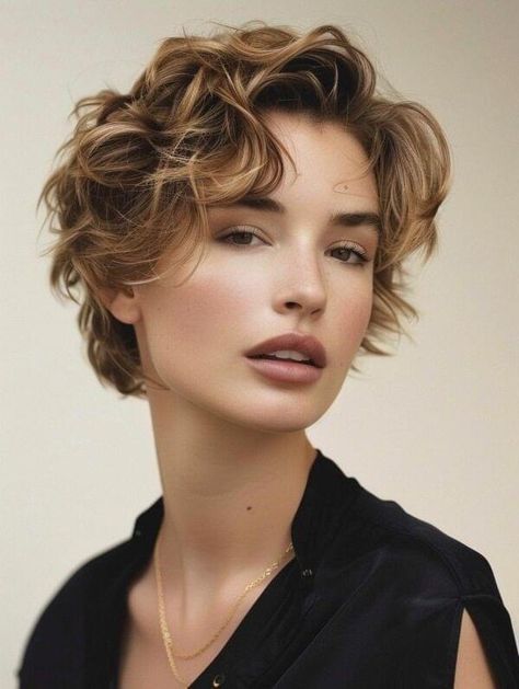 Pixie Cut For Wavy Hair, Pixie Wavy Hair, Mermaid Hair Waves, Pixie Cut Wavy Hair, Shirt Hair Cuts, Wavy Pixie Haircut, Wavy Pixie Cut, Highlights Natural, Short Wavy Haircuts