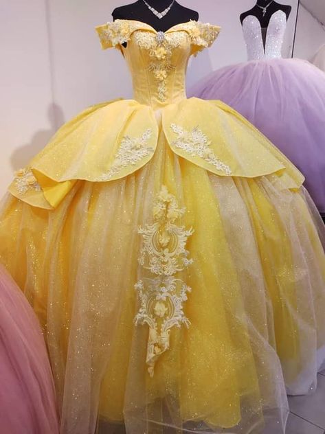 Quincenera Dresses Beauty And The Beast, Quince Teddy Bear Yellow Dress, Sweet 16 Dresses Yellow, Yellow Sweet 16 Dresses, Yellow Quinceanera Theme, Beauty And The Beast Quinceanera Theme, Spiderman Quince, Beauty And The Beast Quinceanera Dress, Yellow Quince Dress