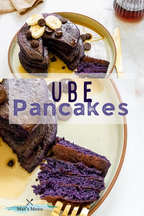 Ube Pancakes Recipe, Purple Pancakes, Ube Pancakes, Pancakes For Two, Silver Dollar Pancakes, Ube Recipes, Pancake Warmer, Pancake Toppings, Brunch Spread