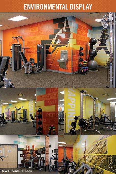 This gym gives off a lot of "energy" through the fun colorful imagery and active typography through vinyl adhesive. Gym Colour Ideas, Active Typography, Gym Colors Ideas, Gym Murals, Gym Environmental Graphics, Training Room Wall Graphics, Graffiti Gym Wall, University Environmental Graphics, Fitness Backgrounds