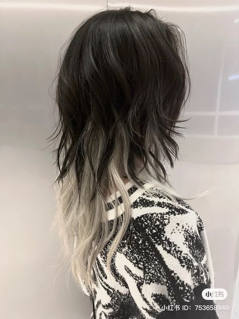 Black And White Wolfcut, Wolf Cut Hair Color Ideas, Wolf Cut Colored Hair, Wolf Cut Dyed Hair, Dyed Wolf Cut, Short Hair Wolf, Icon Reference, Black White Hair, Hair Inspiration Long