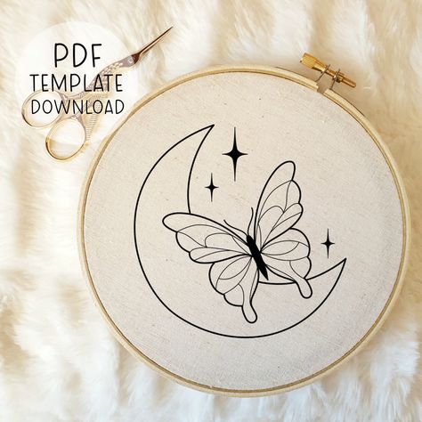 Crescent Moon Embroidery Pattern Download Butterfly Stitching Design Handmade Sewing Pattern Celestial Hand Embroidery Designs, Cute Crafts Moon Embroidery Pattern Free, Butterfly Embroidery Template, Butterfly Embroidery Pattern Templates, Mini Embroidery Patterns, Moon Embroidery Pattern, Crescent Moon Embroidery, Insects Embroidery, Butterfly Embroidery Designs, Butterfly Embroidery Pattern