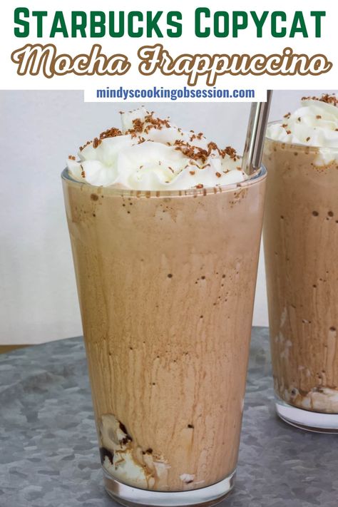 Making a Starbucks Frappuccino at home has never been easier with our easy and delicious recipe. Instant coffee granules, milk, chocolate sauce and ice are blended together and then topped with whipped cream and shaved chocolate. It's the perfect frozen coffee drink, especially on hot days! via @mindyscookingobsession Blended Mocha Coffee Recipe, Instant Coffee Frappuccino, Frozen Whipped Coffee Recipe, Ninja Creami Coffee Drinks, Espresso Powder Recipes Coffee, Frozen Whipped Coffee, Scooters Coffee Drinks Recipe, Frozen Mocha Coffee Recipe, Chocolate Frappuccino Recipe