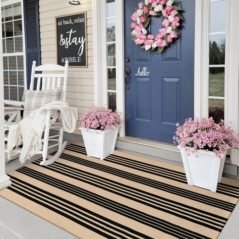 PRICES MAY VARY. [Premium Cotton Material] Our outdoor rug are made of thick and sturdy cotton fabric. Using environmentally friendly and safe fabric, hand woven, without loose or curled edges, non fading [Perfect Size for Hello Doormat] We have various sizes to choose from. The small washable rug can be perfectly placed on the front door as a welcome mat or used as a double-layer door mat. Easily add atmosphere and color to your porch [Easy to Clean] Just vacuum or shake our porch rug to keep i Modern Front Porch Decor, Curled Edges, Outdoor Mats, Spring Porch Decor, Drawing Room Decor, House Front Porch, Porch Living, Doors Ideas, Farmhouse Front Porches