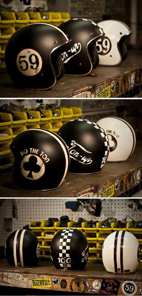 Custom Helmets & Gear Inspiration | Bobber & Chopper Motorcycles | Old school vintage style bike art & apparel #harleydavidsonbobbersoldschool Cafe Racer Helmet Vintage, Bobber Helmets, Custom Bike Helmets, Bike Restoration, Motorcycle Helmet Design, Cafe Racer Helmet, Retro Helmet, Cool Motorcycle Helmets, Motos Bmw